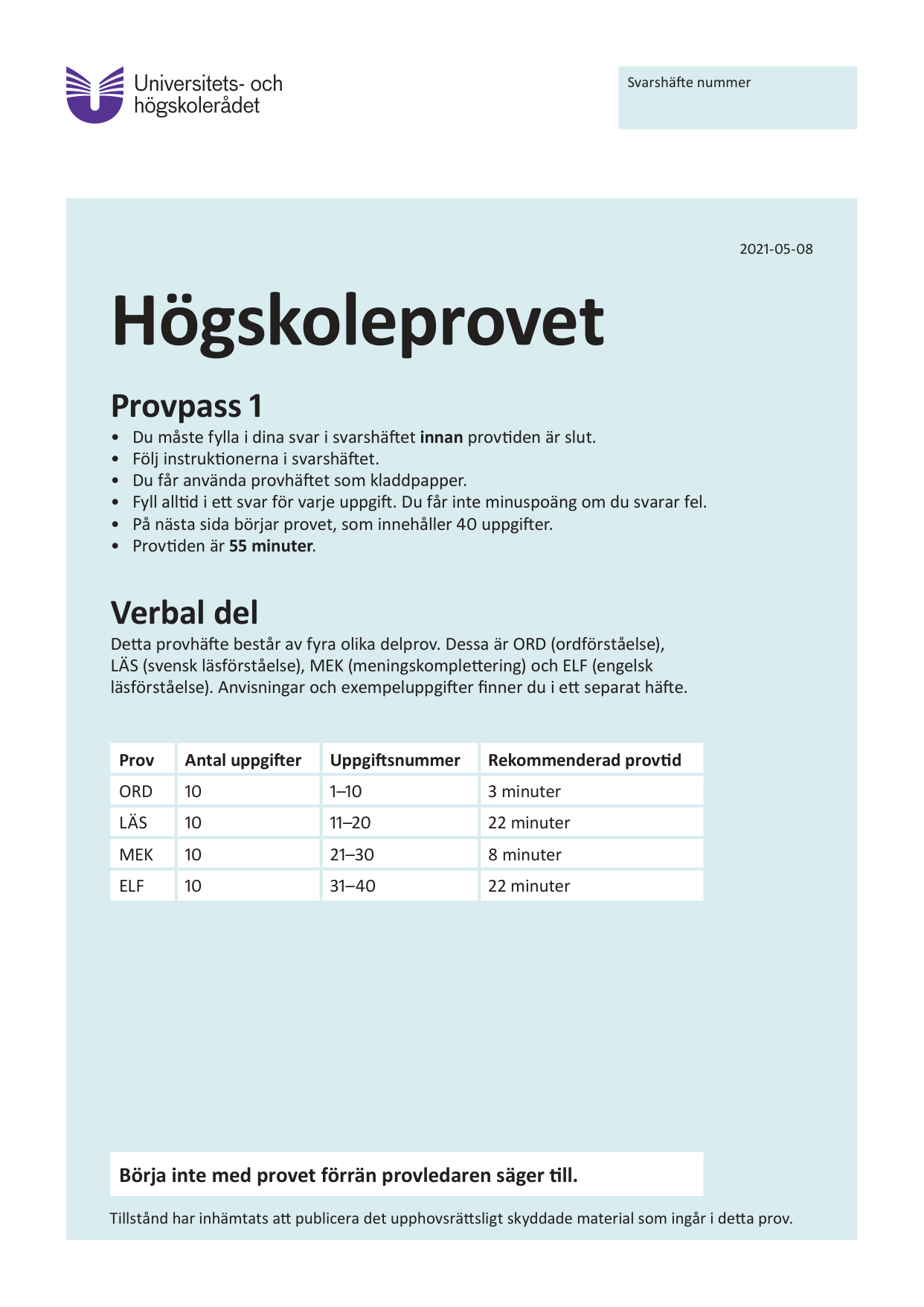 Provpass 1 • Verbal del